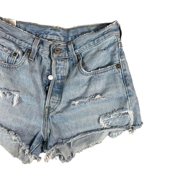 Levi’s 501 Light Wash Distressed Heavily Frayed Denim Cut Off  Shorts - Picture 2 of 9